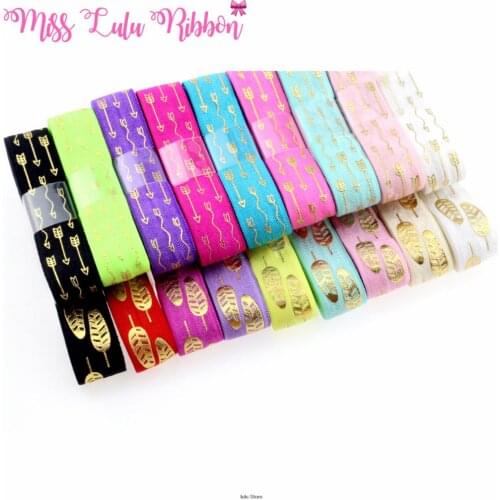 5/8"16mm mix stretch gold foil arrows printed fold over elastic ribbon glitter ribbon set 18 yards diy handmade hair bows
