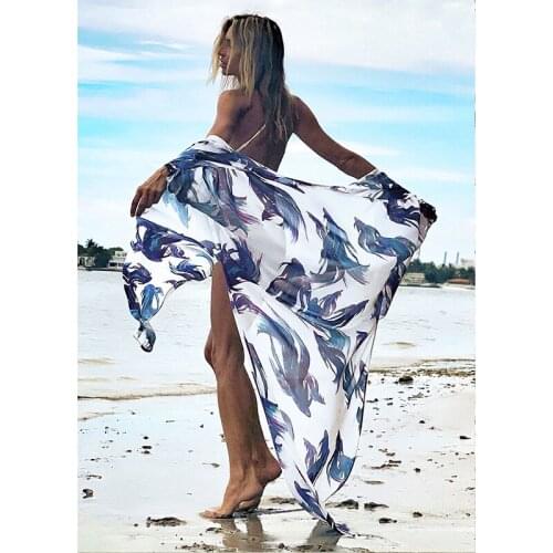 Swimsuit Cover up 2021 Chiffon Boho Dress Side Split Summer Beachwear Women Beach Kimono Bikini cover up Pareo Plage Robes