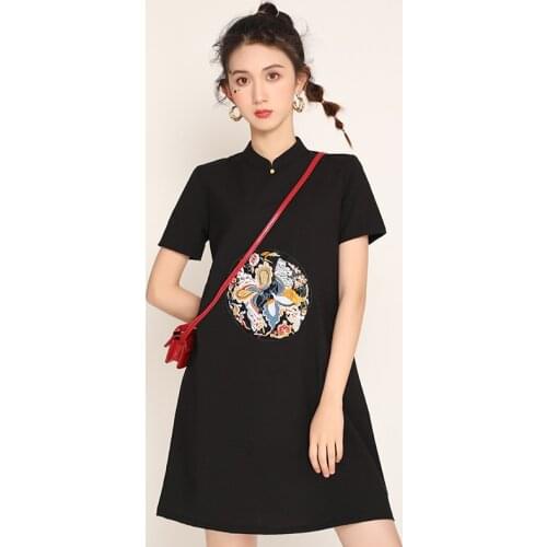 Summer New Young Girl Small Bone Erosion Loose Cheongsam Modified Short Sleeve Skirt Dress