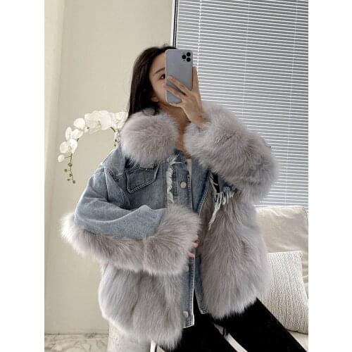 OFTBUY 2021 New Real Natural Fox Fur Coat 90% White Duck Down Winter Denim Jacket Women Parka Single Breasted Warm Outerwear