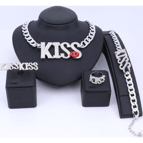 New Sexy Women Accessories Silver Color Crystal Jewelry Sets Kiss Lipstick Big Letter Pendant Necklace Bracelet Earring Ring