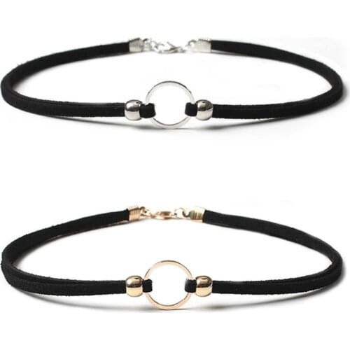 Doreen Box Simple Black Color Choker Necklace Set Velvet Satin Gold Color Metal Round Adjustable Size Women Fashion Jewelry，1PC