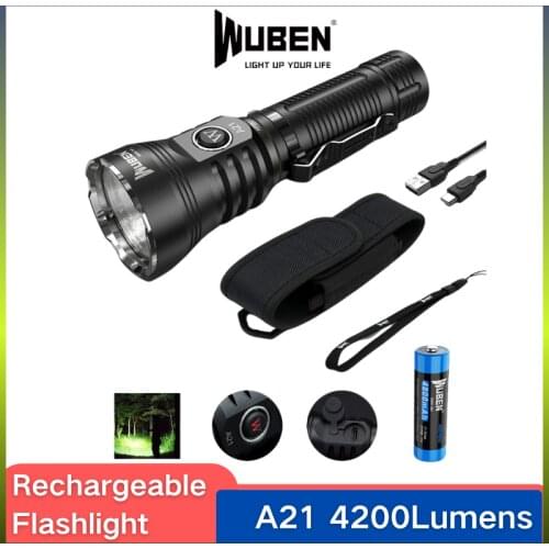 WUBEN A21 Rechargeable LED Flashlight HighLight 4200LM with CREE XHP70.2 LED With 21700 Battery Protable Troch Light For Hunting