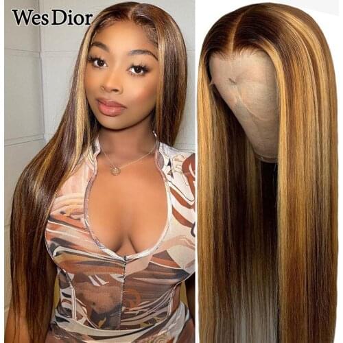 Ombre Straight Lace Front Wig Brazilian Honey Blonde Highlight Human Hair Wigs For Women Colored T Part Lace Wig Density180 Remy