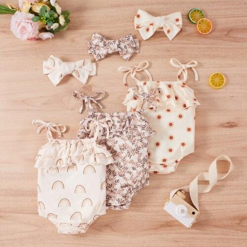 Pufcoco 0-24 Months Infant Baby Girl’s Lace-Up Suspender Romper Sweet Printing Ruffles Stitching Jumpsuits and Headband Summer