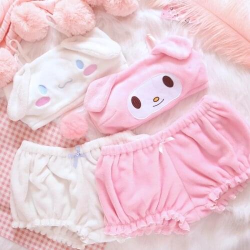 Pink and White Kwaii Velvet Tube Top and Panties Set for Girls Adorable Underwear Anime Long Ear Doggy Bra and Bloomers