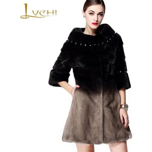 LVCHI Winter 2019 Imported Velvet Mink Coat Womens Natural Fur Coat Patchwork Gradient Beading Loss Slim Medium Mink Fur Coats