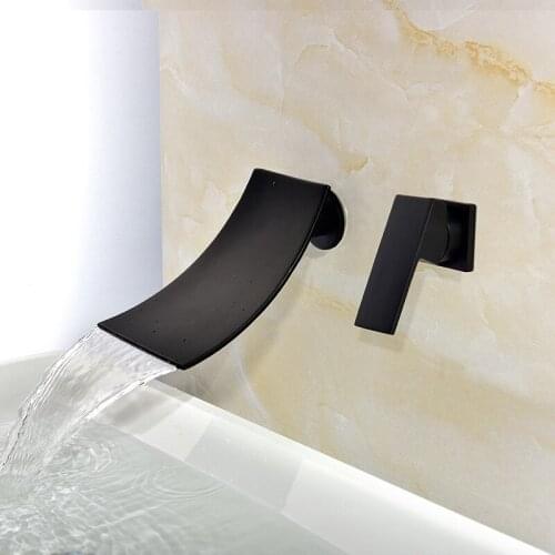 Bathroom Basin Waterfall Faucet Brass Sink Mixer Tap Wall Mounted Single Handle In-Wall Hot & Cold Black Sink Crane Mixer Tap