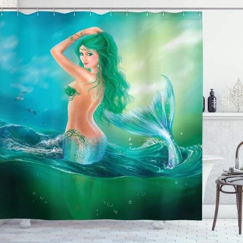 Underwater Shower Curtain, Mermaid In Ocean on Waves Tail Sea Creatures Dramatic Sky Dark Clouds Print,Fabric Bathroom Decor