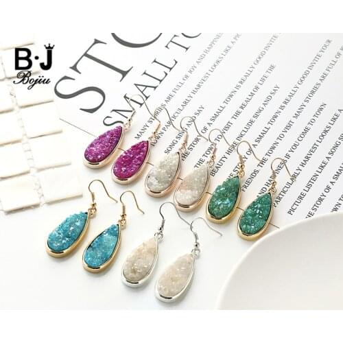 BOJIU Natural Druzy Stone Drop Dangle Earrings For Women 2021 New Big Golden Copper Oval Quartz Pendant Statement Earring EA081