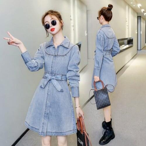Denim Dress Womens Long Sleeve 2021 Spring And Autumn New Korean Style Waist Slimming Fashion OL Jeans Jaqueta Tunic Tops zh331