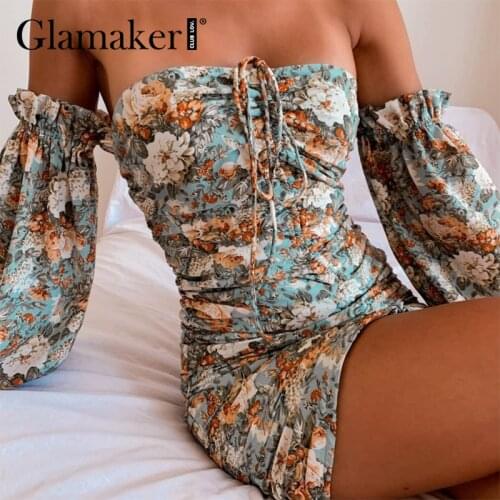 Glamaker Bare shoulder floral printed bodycon mini dress Women holiday beach party club dress Fashion ruffles shir dress new