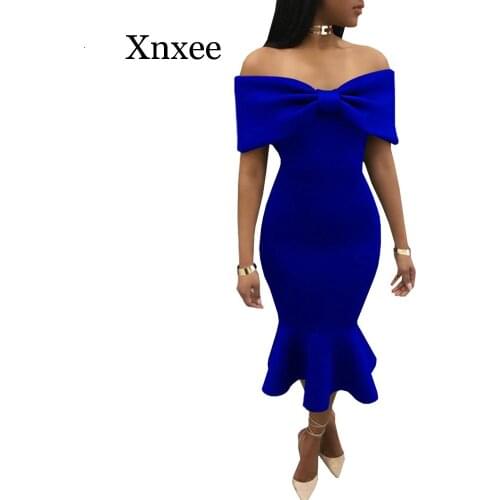 Bow Slash Neck Bodycon prom Off Shoulder Ruffles Party Dress Black Blue Red Midi Dress Sexy Club Summer Elegant Women Dresses