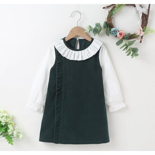 Winter 2021 Girls Dress Girls Long Sleeve O Neck Ruffles Patchwork Blackish Green Cute Streetwear Dresses Vestidos 18M-6T