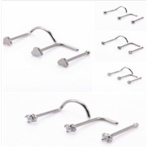 100pcs/lot Free Shipping Gem CZ Heart Ball Flat Nose Rings 20G Nostril Ring Screw Studs Body Piercing Jewelry Surgical Steel