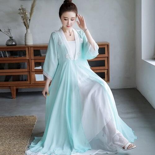 2021 Chinese Dress Vestidos WomenS Chiffon Robe Cheongsam Qipao Zen Meditation Tea Dress Clothes Vintage Casual Tang Suit 30831