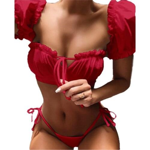 2021 Sexy Split Type Swimwear Womens Low Waist Bikini Solid Color Swimwear Sets Fashion Lacing-up Bathing Suit