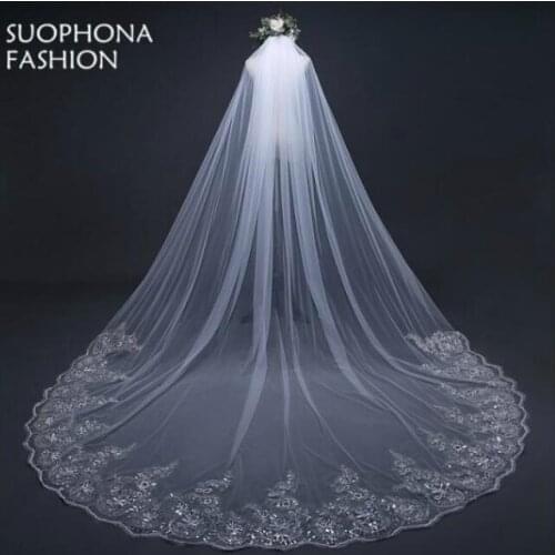 3 Meter White Ivory Cathedral Wedding Veils Long Lace Edge Bridal Veil with Comb Wedding Accessories Bride Veu Wedding Veil