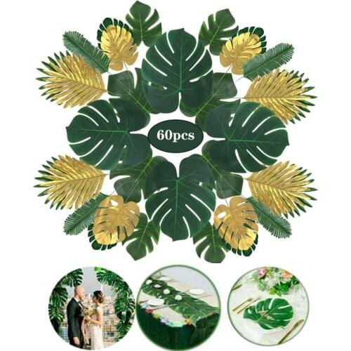 60 Pieces of Simulation Gold Green Leaves Turtle Back Leaf Gold Green Fabric Material Hawaiian Decorative Holiday Products