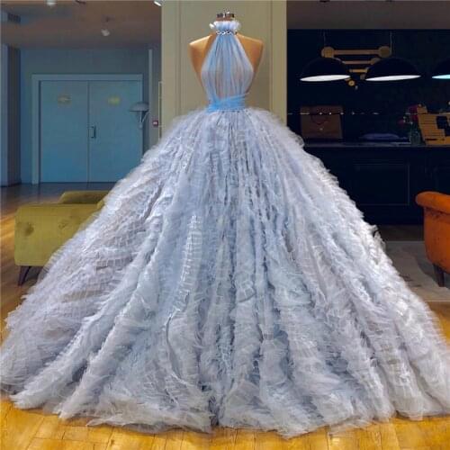 High Neck Ball Gown Prom Dresses Sheer Top Ruffle Floor Length 2020 Sleeveless Charming Formal Evening Party Gowns