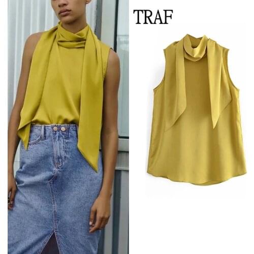 Za Satin Blouses Women 2021 Summer Fashion Collar Sleeveless Women Shirt Vintage Bow Tie Office Lady Elegant Blouses Chic Tops