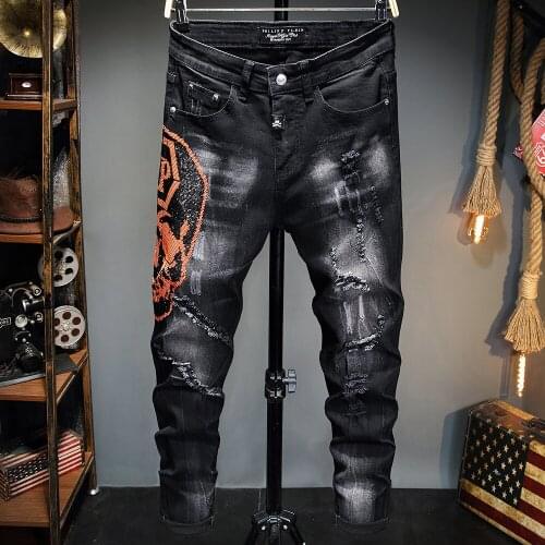 European Style Men plein brand jeans mens slim denim trousers black jeans Straight Skull Biker hole hot rhinestone stretch jeans
