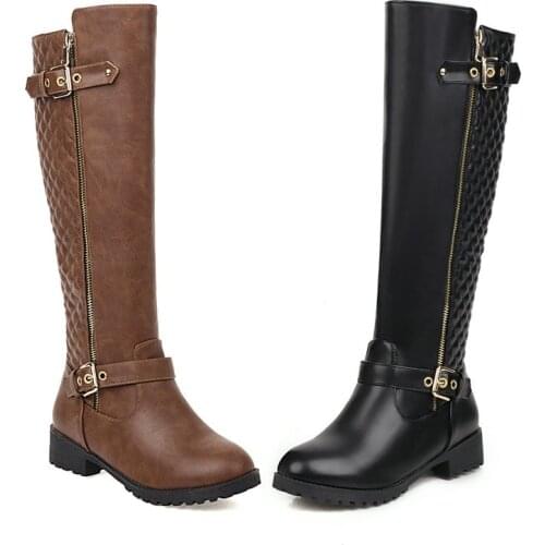 Lady Autumn Winter Knee Boots Round Toe Non-Slip Low Heel Lady Handsome Knight Boots Belt Buckle Zipper Women Shoes Black Brown