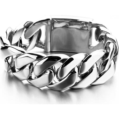 Mens High Quality Silver Bling Stainless Steel Wide Heavy Curb Link Chain Bracelet 26mm