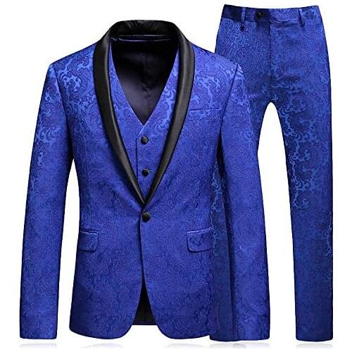 Mens Shawl Lapel 3-Pieces Suit Slim Fit One Button Dress Suit tuxedo Jacket Pants+Vest Men Suits for Wedding Costume Homme