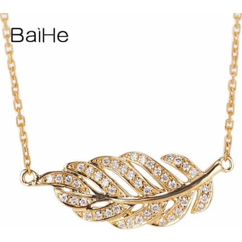 BAIHE Solid 18K Yellow Gold 0.12ct H/SI Natural Diamonds Women Trendy Fine Jewelry Beautiful feather diamond gift Necklaces