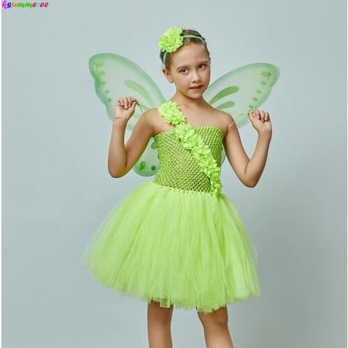Fairy Princess Tinkerbell Girls Tutu Dress with Wing Flower Kids Tulle Dress Birthday Halloween Party Tinkerbell Classic Costume