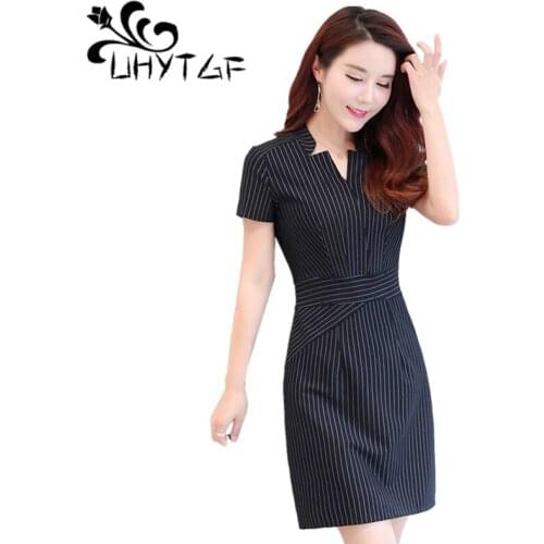 UHYTGF Dress female business attire 2019 summer Short sleeve stripe dresses Female work dress professional interview dresses X71