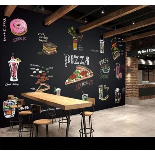 Custom 3D wallpaper cartoon hand drawn chalk pizza juice background wall high-grade waterproof material