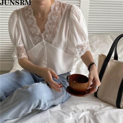 Chic Korean White Blouse Women 2020 Lace Puff Sleeves Thin Summer Blouses Sexy Deep V-Neck Solid Comfortable Short Shirts Tops