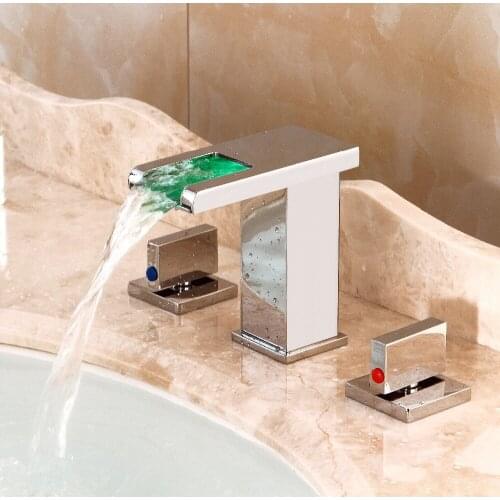 Modern Bathroom LED 3 Pcs Widespread Waterfall Bathroom lavatory Sink Faucet Square deck mounted 2 handles