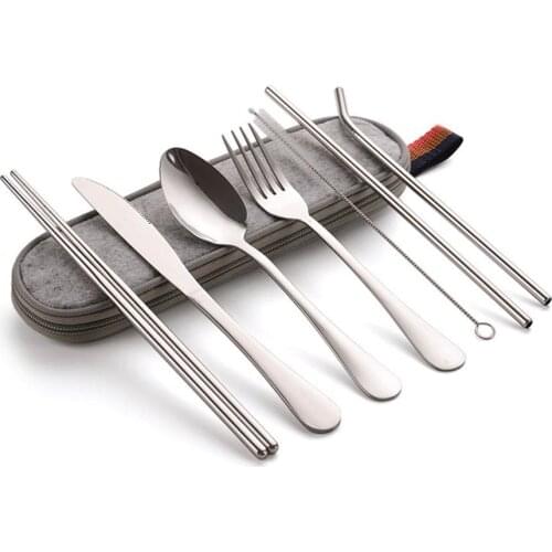 Travel Dinnerware Set Portable Cutlery Camping Dinner Sets Straw Bag Steel Rainbow Tableware Kit Chopstick With Brush Stain M7B8