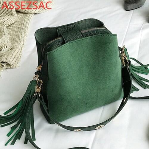 Assez sac Fashion Scrub Women Bucket Bag Vintage Tassel Crossbdoy Bag High Quality Retro Shoulder Bag Simple Crossbody CD5099/j