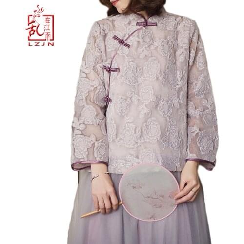LZJN Women Lace Blouse 2019 Spring Autumn Women Stand Collar Tops Traditional Chinese Cheongsam Top Qipao Lace Shirt