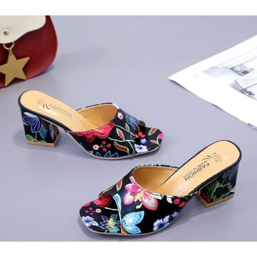 2021New Brand Elegant Print Chunky Heels Summer Womens Shoes Woman Sandals Leisure Slippers Comfortable Open Toe Slip-On Slides