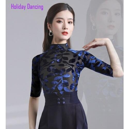 2021 New Women Latin Dance Tops Half Sleeve High Neck Latin Dancing Tops for Samba Tango Chacha Belly Performamnce L2127A