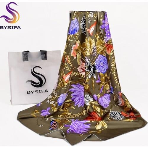 BYSIFA Army Green Twill Silk Scarf Cape Women Brand Floral Luxury Pure 100% Silk Scarf Shawl Spring Autumn Winter Scarves Wraps