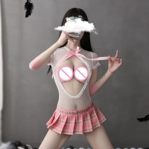 Lingerie Sexy Open Bra Costume Set Women Student Christmas Costume Uniform Mini Skirt Plaid Perspective Porn Cosplay Sleepwear