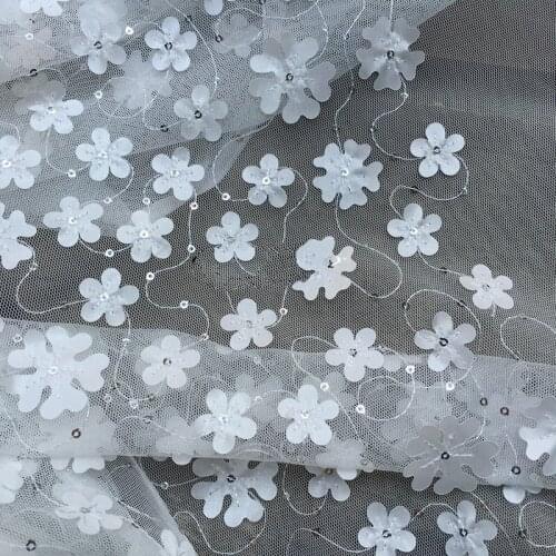 1Y/lot off white High quality beautiful bright snowflake embroidery mesh sequins fabric wedding dress decoration