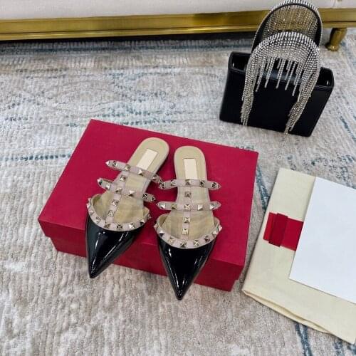 2021 Newest Summer Shoes Woman Outdoor Slippers Genuine Leather Woman Slippers Pointed-Toes Slippers Rivet Decora Woman Slippers