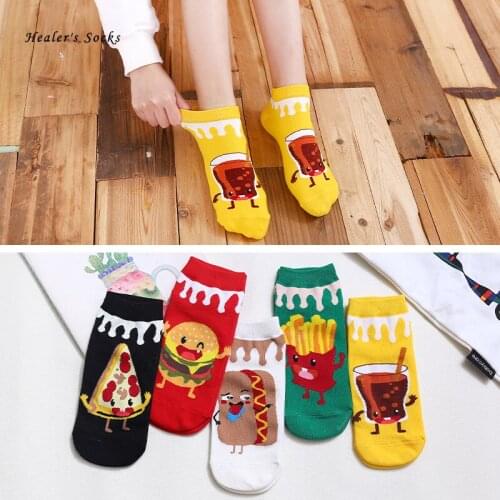 5Pairs/Lot New Funny Classic Cartoon Women Happy Socks Cotton Fashion Soft Food Cat Dog Cute Animal Harajuku Girls Short Socks