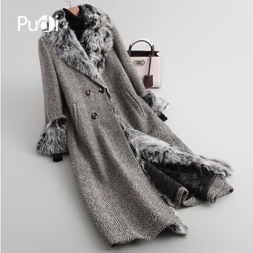 A18121 Womens Winter Warm Wool Overcoat With Fox Collar Sheep Fur Lining Coat Lady Coat Jacket Overcoat