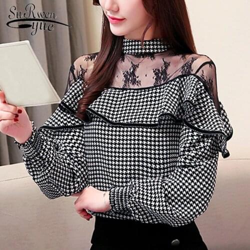 Blusas femininas elegant shirts womens tops and blouses chiffon lace ruffles Plaid Stand ladies tops Stand clothes full 2460 50