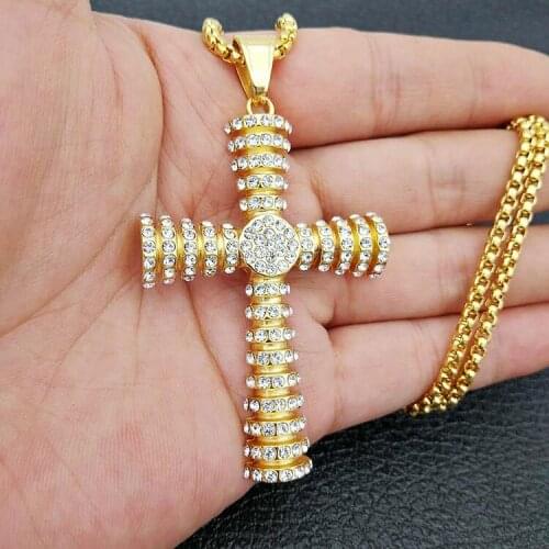 Full Rhinestone Paved Cross Pendants Gold Color 316L Stainless Steel Chain Necklaces for Men Hip Hop Rock Jewerly Gift