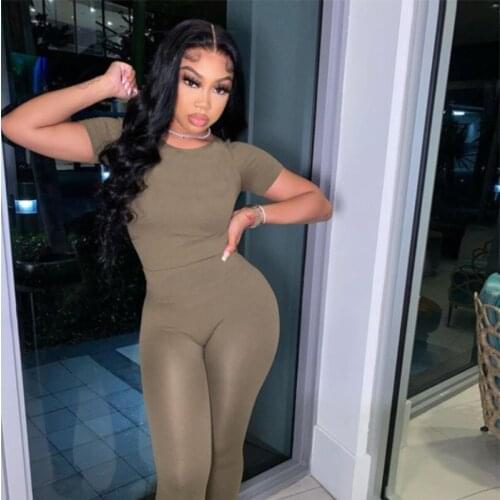 CHRLEISURE Solid Ribbed Two Piece Sets Women Casual Short Sleeve Tee+Leggings Skinny Slim Workout Stretchy Sets