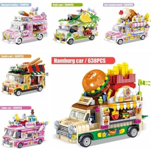 City Ice Cream Shop Hot Dog Cart Car Vehicle Model Micro Building Blocks Mini Street View Friends Bricks Toys For Children Gifts